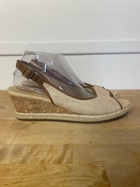L.L. Bean Women's Cork Wedge Heel Tan Open Toe Sling Back Espadrilles Size 11